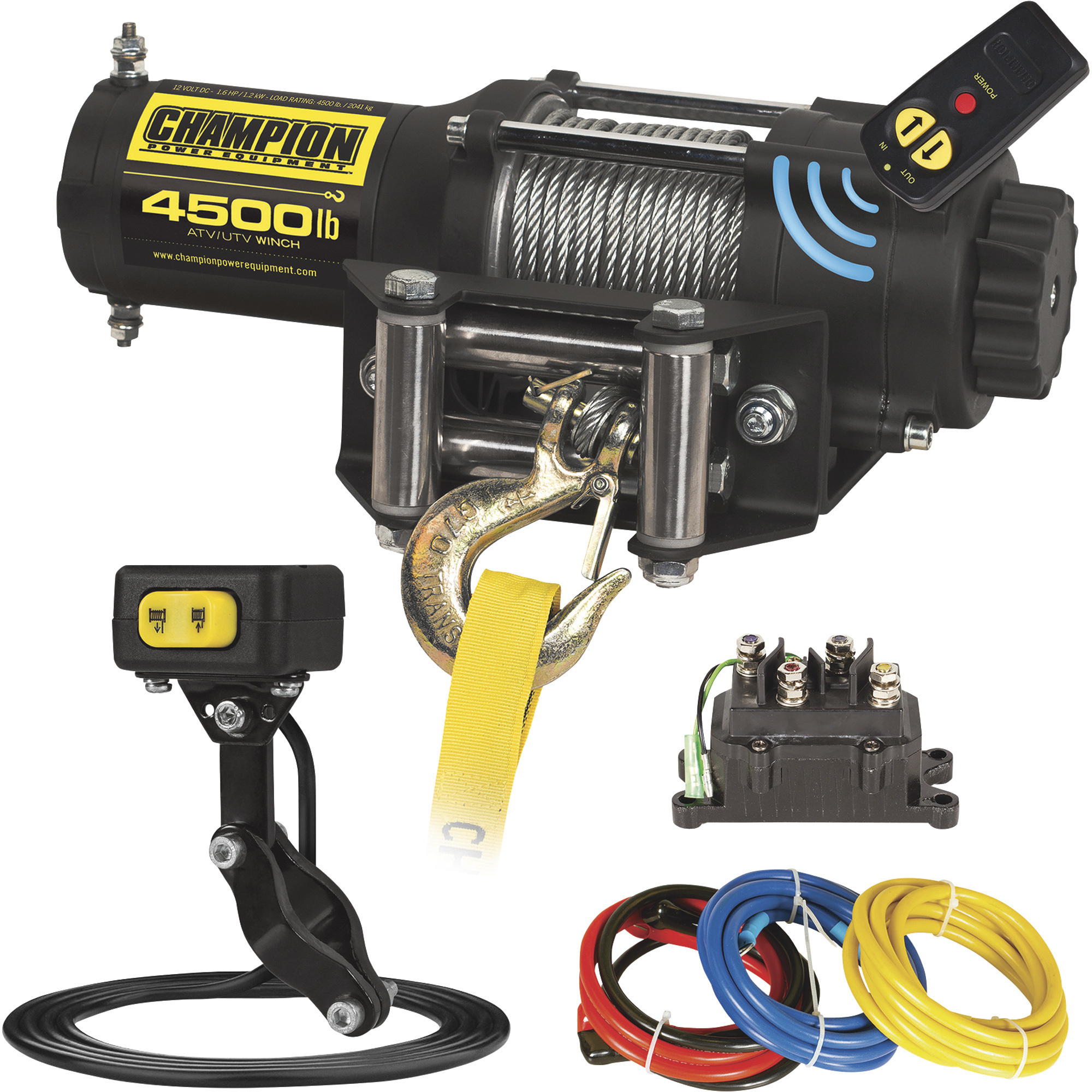 Champion 12 Volt DC Powered Electric ATV/UTV Wireless Winch, 4500-Lb. Capacity, Aircraft Cable, Model# 14560